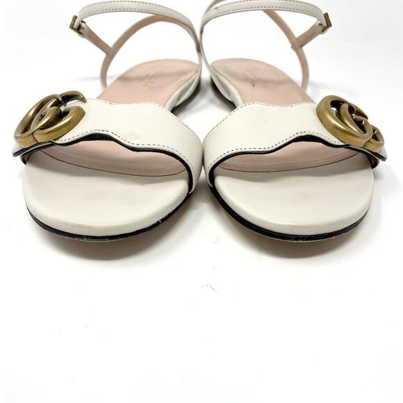 Gucci Marmont Interlocking GG Leather Ankle Strap Flat Sandals White Gold EU 36 - Picture 3 of 14